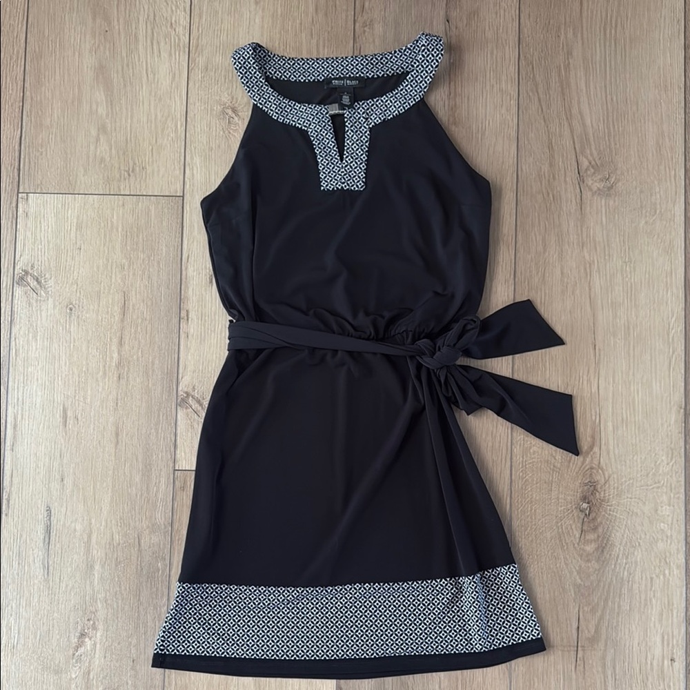 EUC White House Black Market - Sleeveless Black Dress with Patterned Trim Size S
